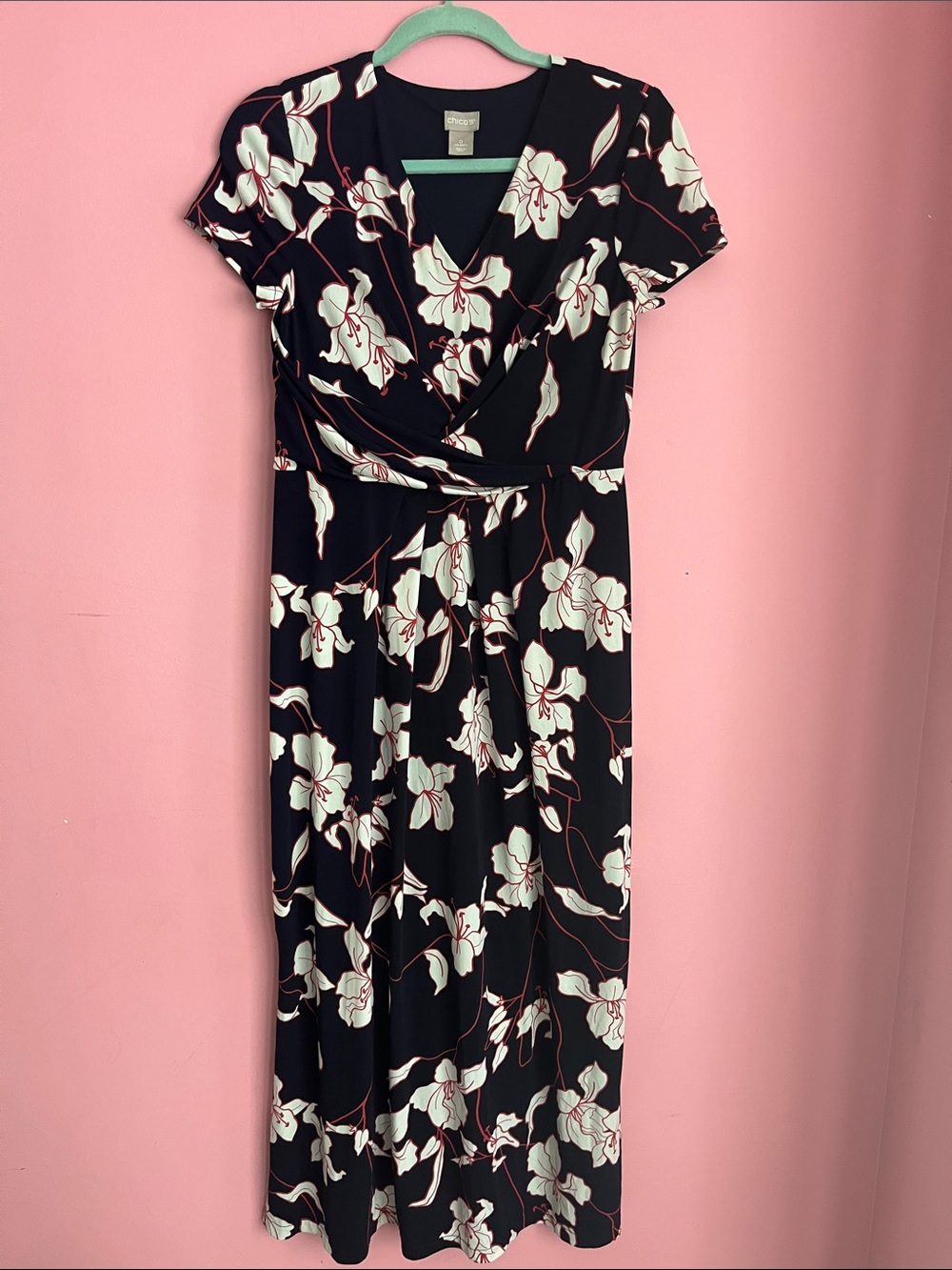 Chico's Black Floral Wrap Maxi Dress with White & Red Accents